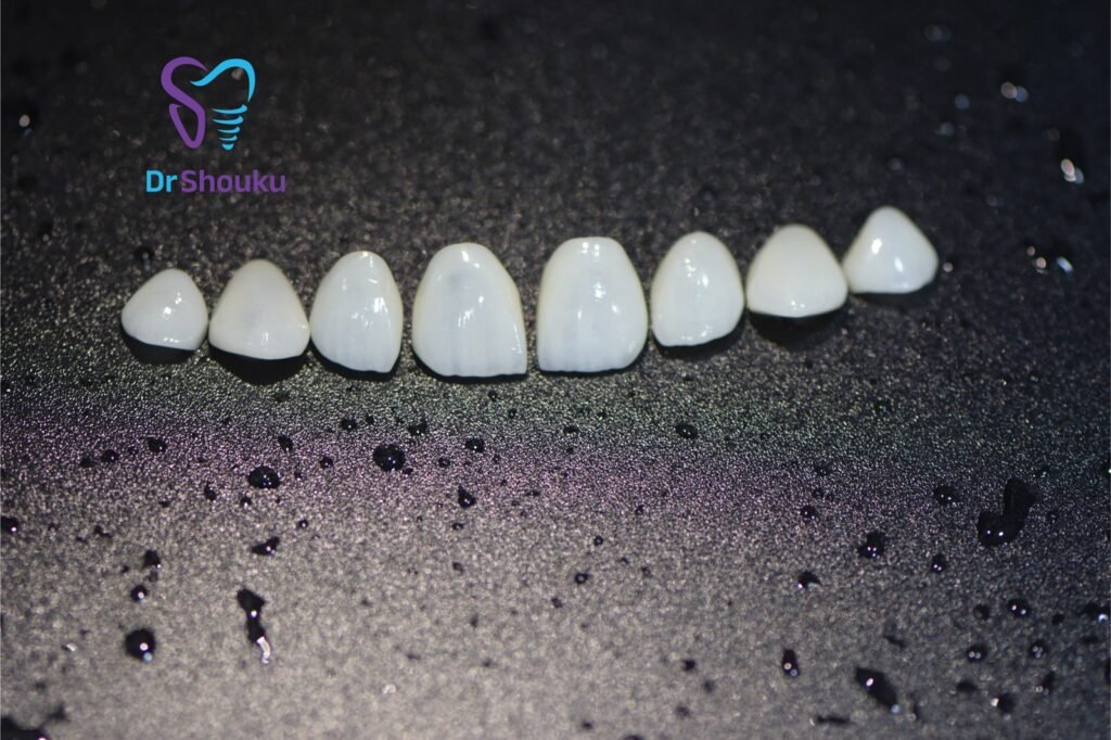 Dental veneers arranged on a dark background at Dr. Shouku Dental Clinic